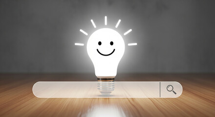 Creative idea and innovation concept illustrated by a smiling lightbulb and a search bar interface.