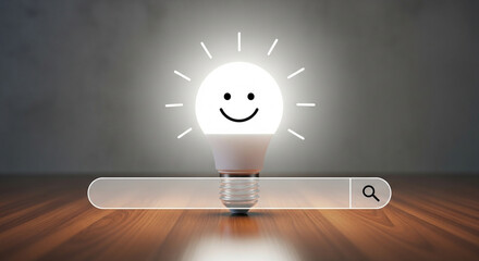 Lightbulb with a smiley face and search bar representing the concept of creativity, idea generation, and innovation discovery.
