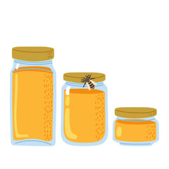 Honey jars of varying sizes with a bee illustration in a simple design