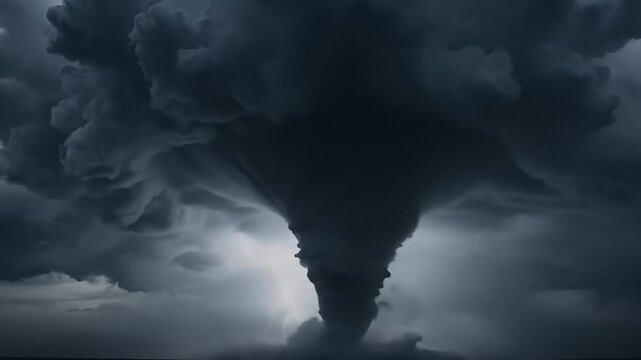A powerful dark funnel cloud descends from a stormy sky, a dramatic meteorological phenomenon.