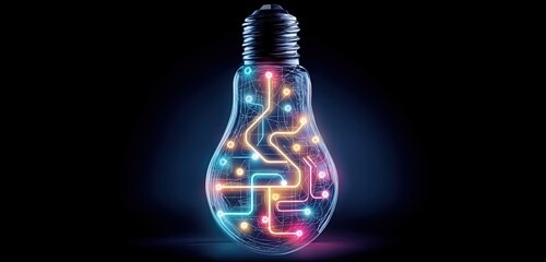 Illuminated lightbulb with glowing circuit design