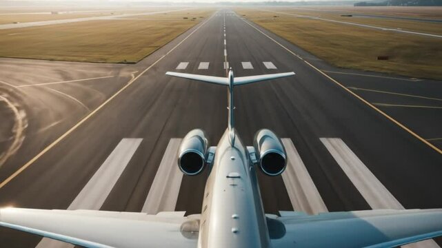 Airplane on a runway ready for takeoff with white markings on the black asphalt surface view from above