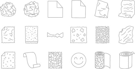 Vector art of a variety of paper textures, including crumpled, torn, and rolled sheets, with a happy face