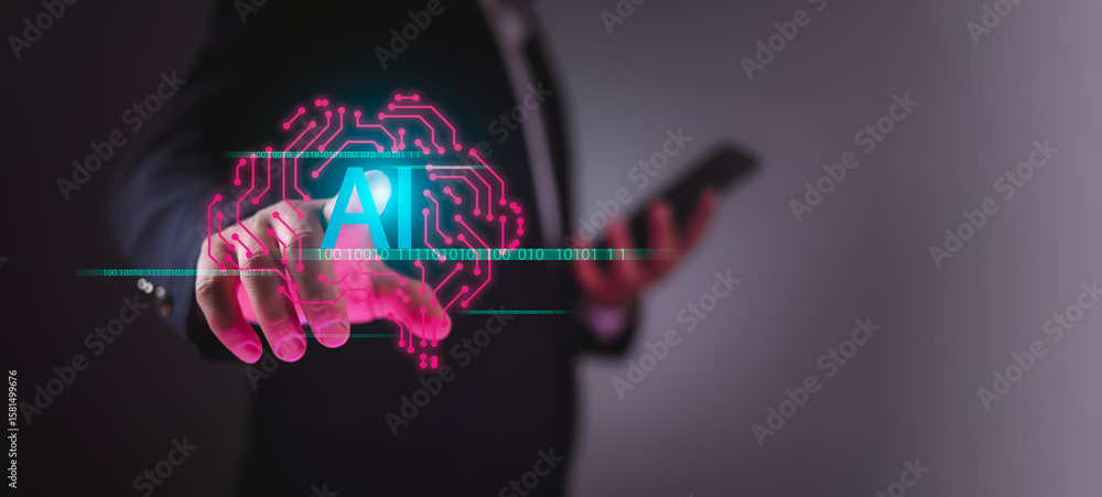 Poster businessman using virtual brain interface to control ai technology, symbolizing innovation, ethical 