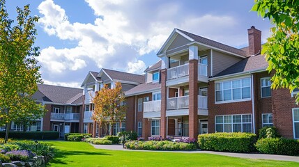 Fototapeta premium A residential building with balconies and green lawns, surrounded by trees and a cloudy sky.