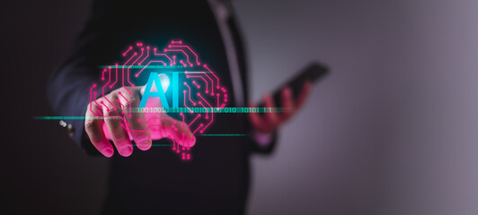 Businessman using virtual brain interface to control AI technology, symbolizing innovation, ethical artificial intelligence, data security, and responsible digital transformation.