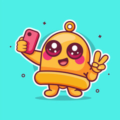 happy yellow bell character mascot taking a selfie with a smartphone isolated cartoon 