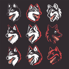 Dog Emblem Logo Mascot Icon Vector Design Set Collect featuring various illustrated nezzzuko0 heads.