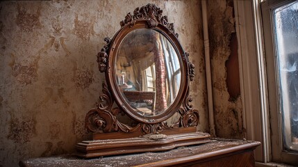 Ornate Vanity Mirror in Abandoned Room