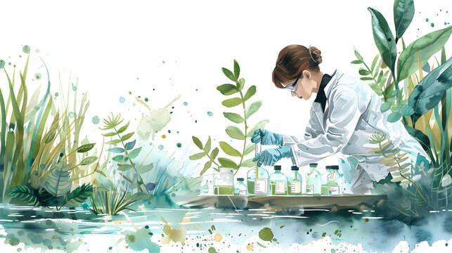 watercolor style Environmental scientist taking sample