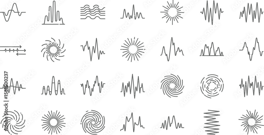 Poster vector art of a collection of various waveform and soundwave patterns in black and white