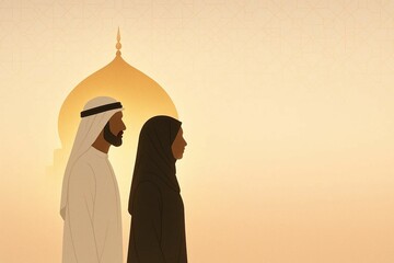 Muslim couple, silhouette portrait with mosque dome background. Perfect for Ramadan, Eid, or Islamic culture themes.

