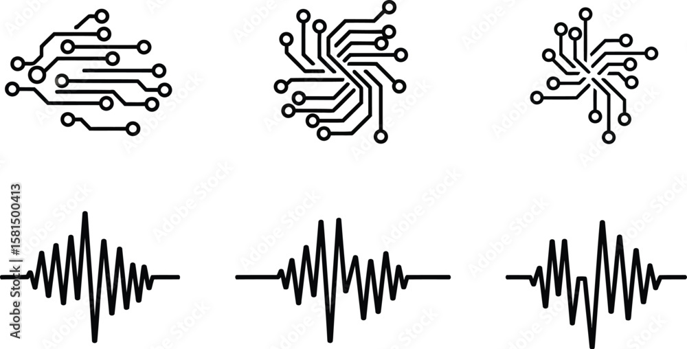 Poster vector art of a set of circuit board and waveform designs in black and white outline