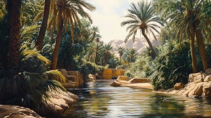 Fototapeta premium Sun-drenched oasis with palm trees lining a clear stream. Lush vegetation and rocks flank a tranquil waterway, leading to a backdrop of mountains