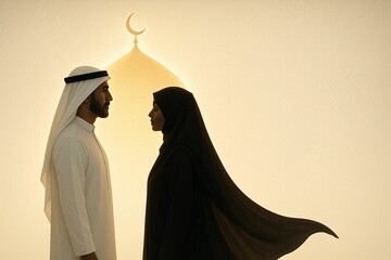 Ramadan couple, man and woman in traditional Arab attire standing face to face with mosque silhouette and crescent moon, spiritual Ramadan concept, Islamic cultural harmony.

