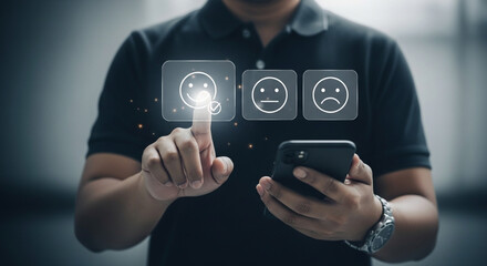 Businessman evaluating customer service by tapping a smiley face emoticon on a smartphone's virtual interface.