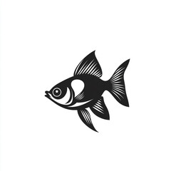 A sleek, stylized black ink silhouette of a fish with prominent fins and an eye, presented against a clean white background.
