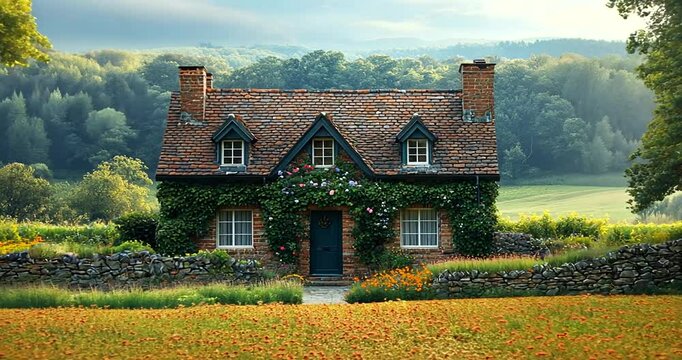 Charming cottage surrounded by vibrant wildflowers