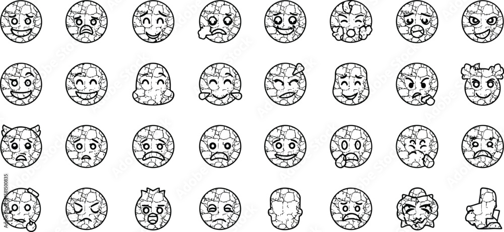 Poster vector art of a diverse collection of stonetextured emoji icons captures a wide range of human emoti