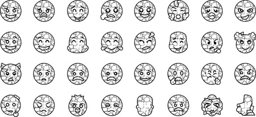 Vector art of a diverse collection of stone textured emoji icons captures a wide range of human emotions and expressions, adding a unique and artistic touch