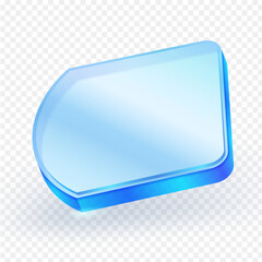 3D transparent blue glass UI element with a glossy surface and rounded corner, floating on a transparent background. Ideal for app icons, banners, or infographics. Vector illustration.