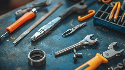 Fototapeta premium A cluttered workbench with various tools and equipment, including wrenches, screwdrivers, and a hammer, arranged in a disorganized manner.