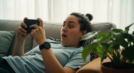 Joyful Asian woman celebrates while looking at her phone, thrilled by unexpected good news in a message or email.