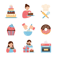 Collection of illustrations depicting baking, cakes, and people enjoying desserts.