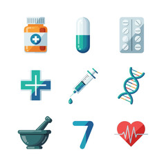 Flat design icons representing various medical and healthcare concepts.