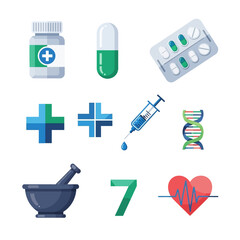 Collection of medical icons, including pills, syringes, and DNA, representing healthcare and pharmaceutical concepts.