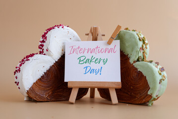 International bakery day saying caption on greeting card Delightful and vibrant heartshaped pastry...