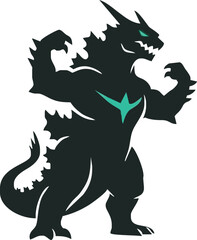 Silhouette of a muscular, stylized dragon flexing its arms, showing power and strength.