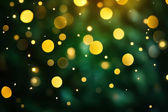 Abstract bokeh background. Deep green and dark teal backdrop with numerous golden, round bokeh lights