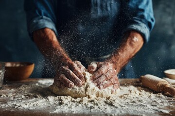 Fototapeta premium Hand Kneading Dough for Fresh Bread in Rustic Kitchen Setting