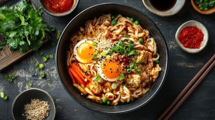 A steaming hot bowl of ramen noodles topped with a soft-boiled egg and fresh vegetables