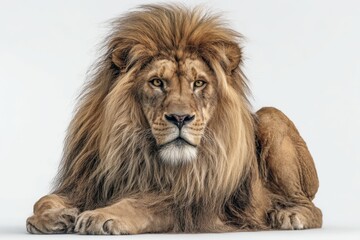 Obraz premium Majestic Lion with Lush Mane Relaxing Against a Neutral Background