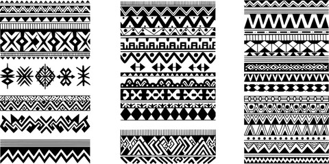A collection of various black and white ethnic and tribal patterns in a grid layout.