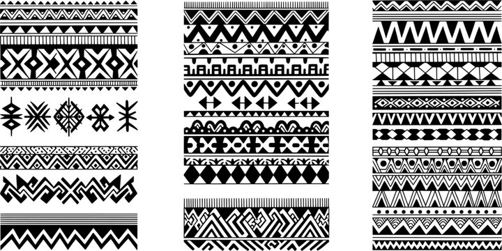 A collection of various black and white ethnic and tribal patterns in a grid layout.