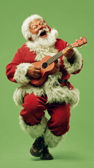 Jolly Santa playing a ukulele singing joyfully