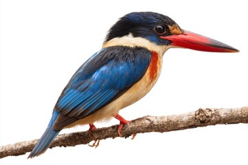 Obraz premium Vibrant Kingfisher Perched on a Branch Against a White Background