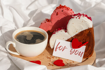 FOR YOU words paper note Morning breakfast in bed in wooden tray Present gift idea Valentine's Day...