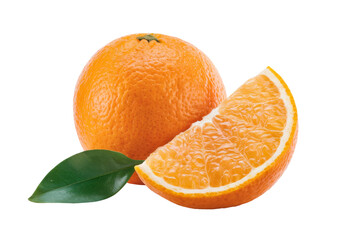 fresh orange fruit with slice and leaf on white background.