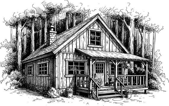 A detailed black and white line art drawing of a rustic log cabin nestled in a dense pine forest.