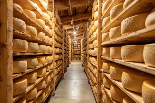 Cheese Aging Room with Wooden Shelves and Round Cheeses in Rows