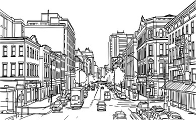 A hand-drawn sketch of a city street scene with buildings and a car.