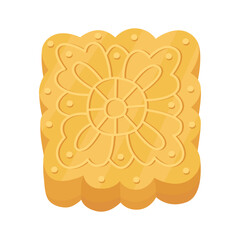 Traditional Asian mooncake for the Mid-Autumn Festival. Square yellow mooncake with pattern. Illustration isolated on white background.	