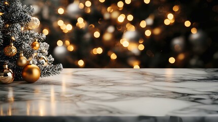 Marble Tabletop Christmas Scene: A gleaming marble tabletop provides a pristine surface, adorned with a miniature frosted Christmas tree and elegant gold and silver ornaments.
