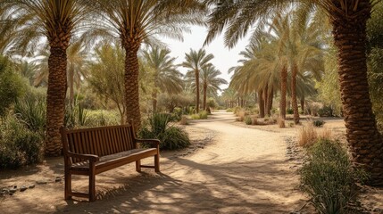 Sunny desert park path lined with palm trees, a wooden bench resting peacefully in the shade