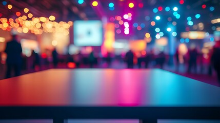 Blurred Venue: A vibrant scene with people milling about, the foreground featuring an empty table in sharp focus. The scene's defocused ambiance is punctuated by the dynamic play of lights.