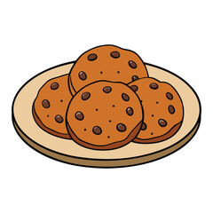 Freshly baked chocolate chip cookies rest on a plate, golden brown with melted chocolate chunks, tempting with their warm, sweet aroma and soft, chewy texture.
